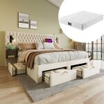 Chambre compl�te lit double 160x200 velours beige, 2 tables de chevet, 4 tiroirs, led usb (avec matelas) ...
