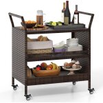 Chariot de bar ext�rieur, �tag�re de rangement en rotin � 3 niveaux avec roues universelles verrouillables ...