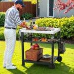 Chariot pour barbecue 3 �tag�res, chariot pour plancha, desserte jardin avec crochets roulettes, desserte ...