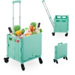 Chariot de courses avec couvercle, caisse pliable  roulettes, poigne inclinable, 35 kg, turquoise - ...