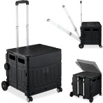 Chariot de courses pliable, caisse  roulettes, avec couvercle, poigne inclinable, 50 kg, noir - relaxdays ...