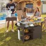 Chariot de grill ext�rieur table de pr�paration mobile avec armoire de rangement �tag�res et plateau ...
