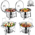 Chauffe - plat 4pcs 4, 7 l, buffet chauffant rond, rechaud en acier inoxydable, avec 4 bacs pleine grandeur ...