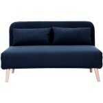 Chauffeuse 2 places convertible en tissu bleu fonc et bois clair amiko