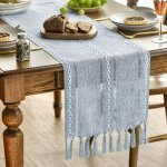 Chemin de table boho - style maison de campagne - bleu poussireux - dcoration de table - pour fte, ...
