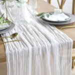Chemin de table en tamine, chemin table pour vnement, mariage decor, nol, beige, 90300cm, blanc