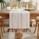 Chemin de table en lin blanc ivoire, 33 x 200 cm, avec pompons, convenant � la salle � manger, la cuisine, ...
