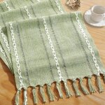 Chemin de table en lin vert, 33 x 200 cm, avec pompons, convenant � la salle � manger, la cuisine, le ...