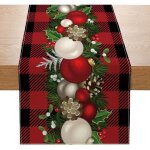 Chemin de table de no�l, 13 x 72 pouces, motif �cossais buffalo rouge et noir, boule de no�l, pomme de ...