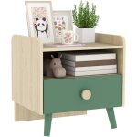 Chevet table de nuit enfant style nordique - tiroir, niche, plateau - aspect bois vert