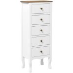 Chiffonnier 5 tiroirs, meuble de rangement compact blanc avec poign�e bouton effet laiton