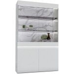Chris white - vitrine 2 portes laqu�e blanc brillant fond imitation marbre avec led