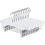 Cintres en bois pour pantalons et jupes en bois, avec clips, crochet antirouille, lot de 10 (blanc)