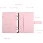 Classeur a5 en cuir pu, classeur � 6 anneaux, capacit� de 80 pages, rose