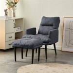 Fauteuil d'oreille avec tabouret, tissu de lin fauteuil de d�tente moderne avec 5 angles de dossier r�glables, ...