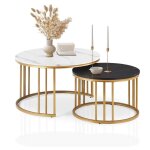 Clipop - table basse ronde lot de 2 � effet marbr�, table d'appoint empilable avec cadre m�tallique dor�, ...