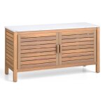 Coffre de jardin en bois d'acacia, armoire de rangement pour patio à 2 portes avec dessus faux marbre, ... Coffre de jardin en bois d'acacia, armoire de rangement pour patio à 2 portes avec dessus faux marbre, ...