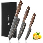 Coffret de 3 couteaux de cuisine wakoli kawa en acier damass� - lame pleine soie - santoku 13 cm et 18 ...