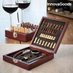 Coffret accessoire vin en bois avec jeu d'�checs : tire bouchon, thermom�tre, bec verseur, bague anti ...