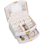 Coffret � bijoux en cuir (vert) pour femme, deux niveaux pour bagues, boucles d'oreilles et colliers