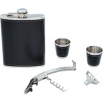 Coffret cadeau �l�gant : flasque, verres � liqueur, entonnoir et couteau de poche