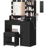 Coiffeuse avec 10 globes lumineux led, 3 couleurs, coiffeuse avec prise et grand miroir, tabouret et ...