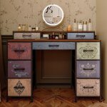 Coiffeuse 121x40x91 cm, buffet, 9 tiroirs, plateau en bois, style boh�me, commode, bureau, meuble de ...