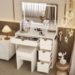 Coiffeuse 90x40x140 cm, avec miroir led 3 couleurs, 4 tiroirs et pouf - bureau de maquillage, avec port ...