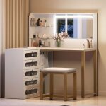 Coiffeuse d'angle l - miroir led - 5 tiroirs - blanc et or - design contemporain