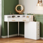 Coiffeuse d?angle moderne avec miroir led rotatif et r�glable, 5 tiroirs de rangement, ports usb - c, ...