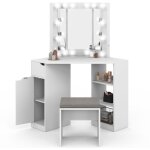 Idmarket - coiffeuse d'angle zelia blanche 3 miroirs led, 3 tagres, 1 tiroir, 1 caisson de rangement ...