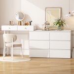 Coiffeuse blanche 180x40x85cm avec 6 tiroirs, 3 niveaux et armoires coulissantes, rangement pratique ...