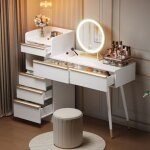 Coiffeuse blanche avec 6 tiroirs, poign�es dor�es, miroir lumineux led � intensit� variable, plateau ...