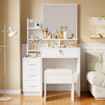 Coiffeuse de chambre blanc, ensembles de table de maquillage avec miroir, tabouret et tiroirs, coiffeuse ...