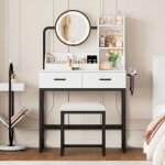 Coiffeuse avec éclairage led, miroir pivotant et prises de courant et tabouret, 2 tiroirs, support pour ... Coiffeuse avec éclairage led, miroir pivotant et prises de courant et tabouret, 2 tiroirs, support pour ...