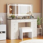 Coiffeuse Élégante avec station de charge, table de maquillage avec éclairage led + grand miroir + 11 ... Coiffeuse Élégante avec station de charge, table de maquillage avec éclairage led + grand miroir + 11 ...