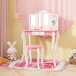 Coiffeuse enfant fille avec chaise, 2 en 1 bureau enfant et coiffeuse avec miroir pliable en 3 parties, ...