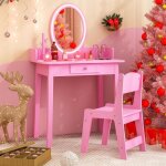 Coiffeuse enfant fille avec lumire led bicolore, table de maquillage avec chaise, tiroir, miroir ovale, ...