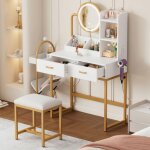 Coiffeuse meuble avec miroir led et tabouret, 2 tiroirs + 2 surfaces de rangement ouvertes, meuble coiffeuse, ... Coiffeuse meuble avec miroir led et tabouret, 2 tiroirs + 2 surfaces de rangement ouvertes, meuble coiffeuse, ...