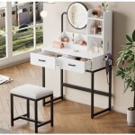 Coiffeuse meuble avec miroir led et tabouret, 2 tiroirs + 2 surfaces de rangement ouvertes, meuble coiffeuse, ... Coiffeuse meuble avec miroir led et tabouret, 2 tiroirs + 2 surfaces de rangement ouvertes, meuble coiffeuse, ...
