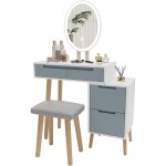 Puluomis - coiffeuse meuble avec miroir led et tabouret coiffeuse de maquillage 4 tiroirs en bois pour ...