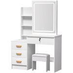 Coiffeuse avec miroir, 4 tiroirs, 3 �tag�res, 1 tabouret, 90 x 37 x 135 cm, blanc.