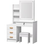 Flasidu - coiffeuse avec miroir, 4 tiroirs, 3 tagres, 1 tabouret, 90 x 37 x 135 cm, blanc.