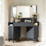 Coiffeuse miroir led style flut� 48  grande coiffeuse d'angle avec plateau en verre, station de charge, ...