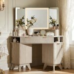 Coiffeuse miroir led style flut� 48  grande coiffeuse d'angle avec plateau en verre, station de charge, ...