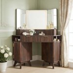 Coiffeuse miroir led style flut� 48  grande coiffeuse d'angle avec plateau en verre, station de charge, ...