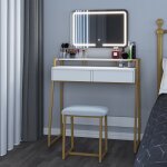 Coiffeuse avec miroir avec led table de maquillage avec tabouret deux tiroirs et tagres de rangement ...
