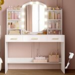 Coiffeuse avec miroir ovale, coiffeuse avec miroir led � luminosit� r�glable, table de maquillage, 3 ...