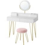 Coiffeuse avec miroir pivotant et tabouret, �clairage et multiprise, tabouret rembourr�, pour chambre, ...