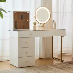 Dans les nuages - coiffeuse avec miroir rond, clair led, plateau de table en verre, 4 tiroirs, portes, ...